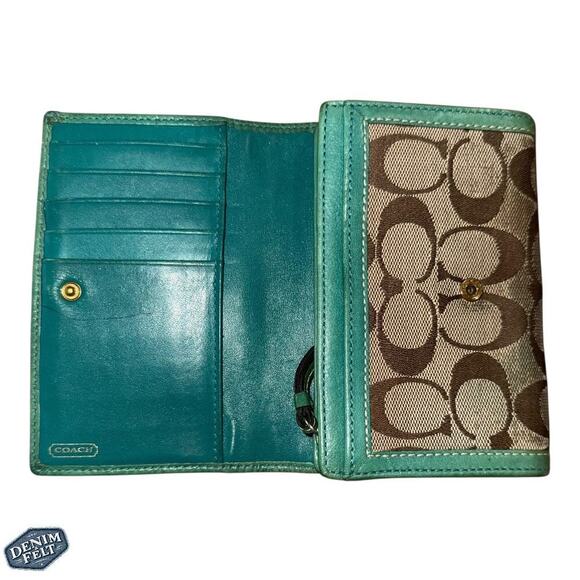 Coach Vintage Signature Canvas & Leather Trim Wallet Green/Brown Trifold - Picture 7 of 12
